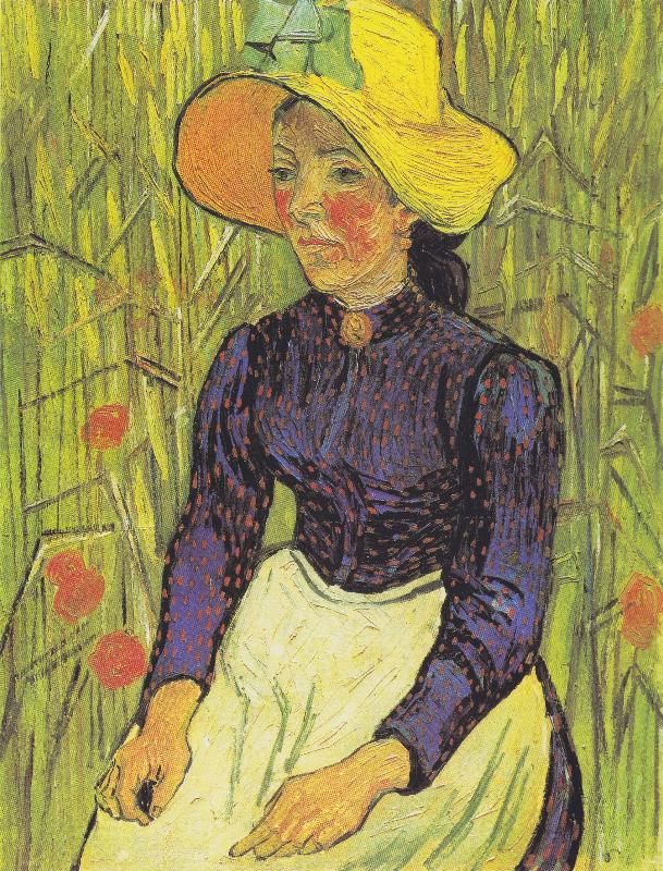 Vincent Van Gogh Young Peasant Woman with straw hat sitting in front of a wheat field